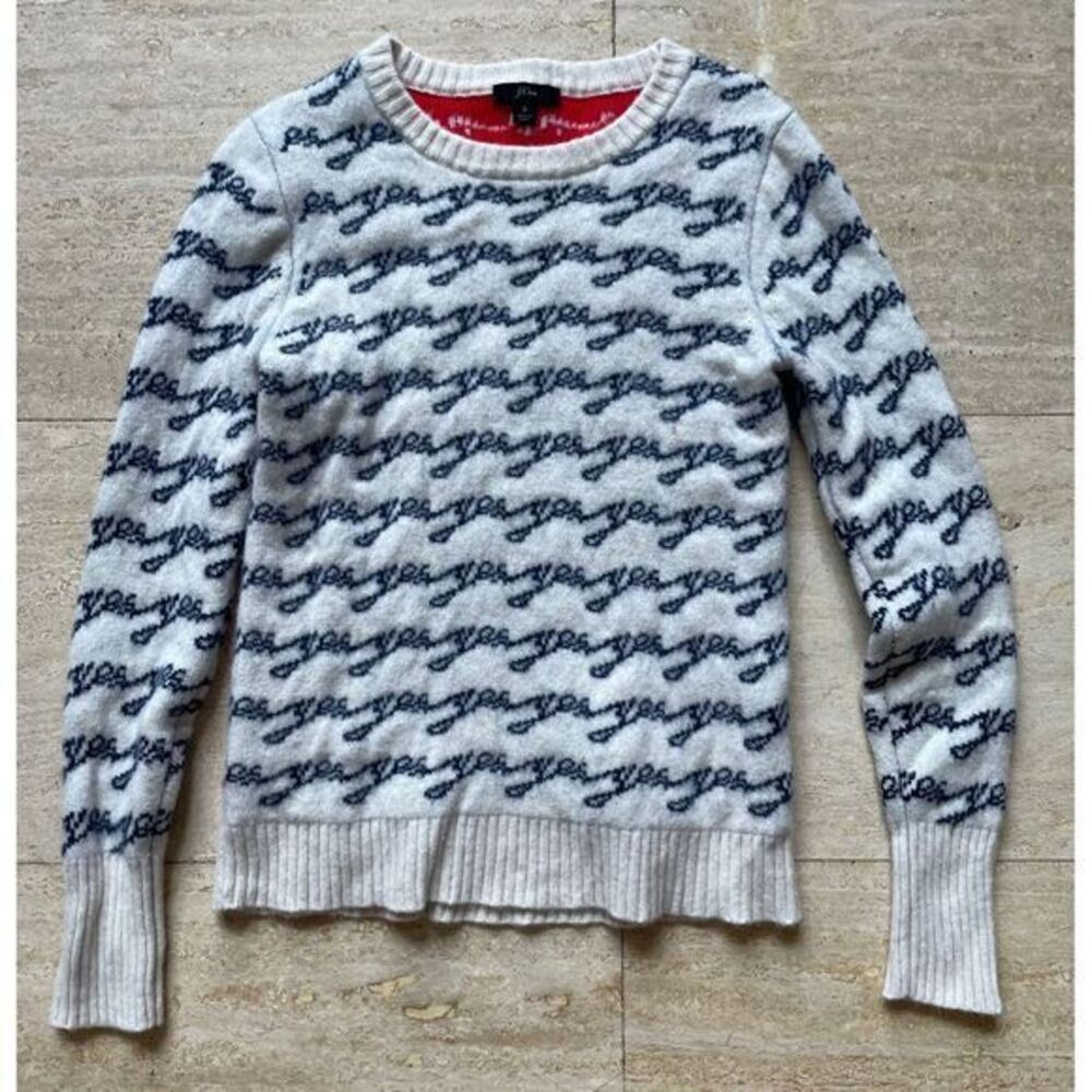 J.Crew Wave Pattern‎ Knit Sweater White & Navy Casual Crewneck Size S